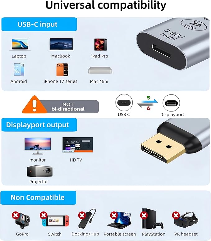 USB C to DisplayPort Adapter with USB Video Cable 4K@60Hz Uni-Directional USB C Female to DP Male Adapter Thunderbolt 4/3 to DP Converter Compatible with i-/Phone 17 Galaxy MacBok Pro- 2 Pack