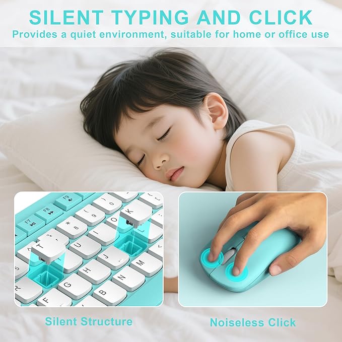 Wireless Keyboard and Mouse Combo Full-Sized Quiet Wireless Keyboard and Adjustable DPI Mouse 2.4GHz USB Receiver Keyboard and Mouse for PC Windows Desktop Laptop (Tiffany Blue and White-B)