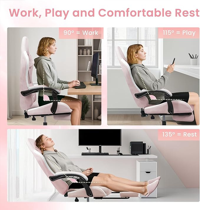 N-GEN GAMING Video Gaming Chair Office Computer Desk Use Ergonomic Reclining Backrest Adjustable Armrests Lumbar Support Footrest High Density Foam Breathable Fabric Heavy Duty Base (Pink)