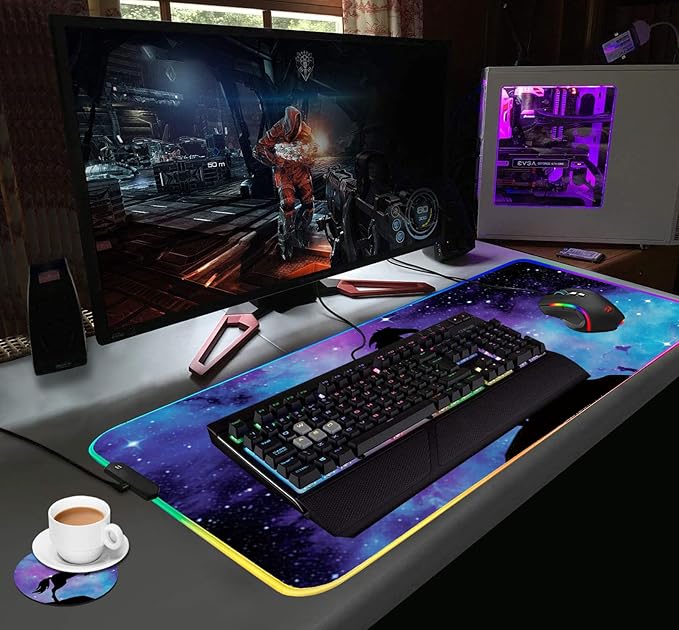 RGB Gaming Mouse Pad with Coffee Coaster Blue Galaxy Nebula Horse Design XXL Large Glowing LED Mousepad Anti-Slip Rubber Base Computer Keyboard Desk Mouse Mat 31.5 X 11.8 Inch
