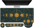 Large Desk Mat Gaming Mouse Pad Desk Pad Protector XXL Mousepad + Keyboard Wrist Rest+Mouse Wrist Rest+Coaster Ergonomic Desk Pad for Home Office Decor Dark Green Gold Moon Phases Constellation