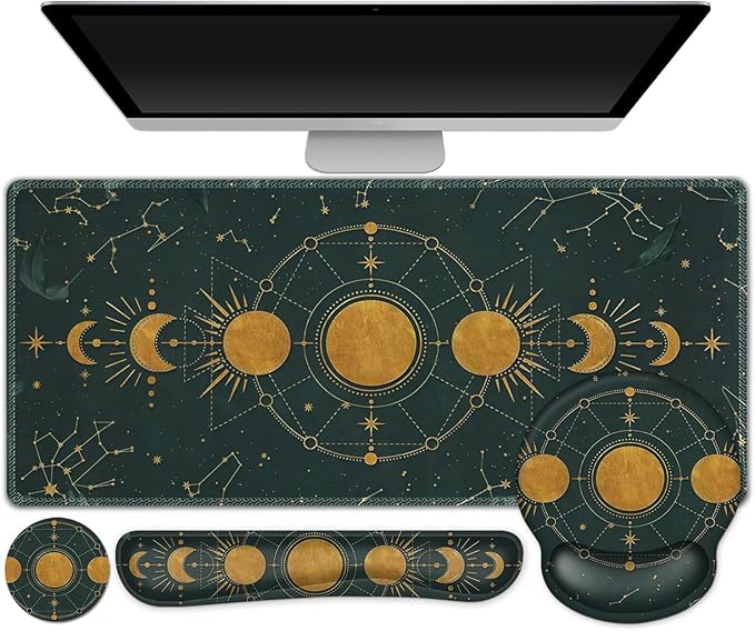 Large Desk Mat Gaming Mouse Pad Desk Pad Protector XXL Mousepad + Keyboard Wrist Rest+Mouse Wrist Rest+Coaster Ergonomic Desk Pad for Home Office Decor Dark Green Gold Moon Phases Constellation