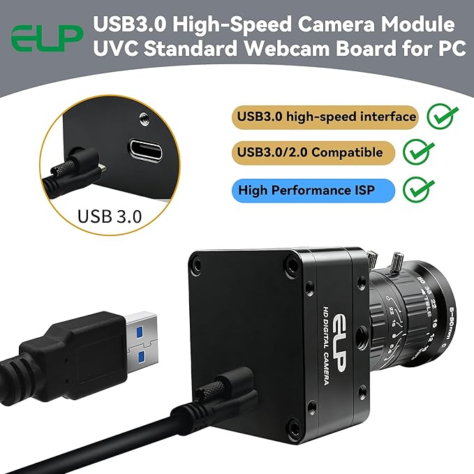 ELP High Speed 4K 60FPS USB Camera Manual Zoom Webcam for Computer Mini UVC 2160P USB3.0/2.0 Lightburn Cameras for Windows Linux Mac Pi 5-50mm 10X Varifocal IMX678 Web Cam for Laptop Jetson Nano