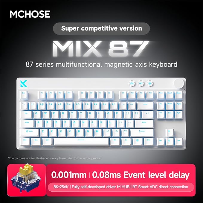 MCHOSE Mix 87 Magnetic Switch Rapid Trigger Gaming KeyboardHall Effect Hyper-Fast Adjustable Actuation Wired TKL Keyboard with Smart RT Mode Knob RGB Translucent Keycaps for PC Gamer (White)