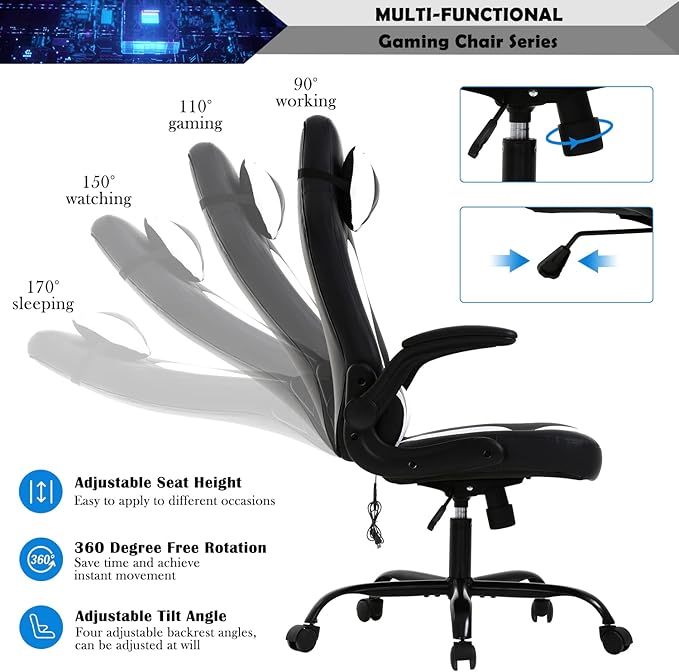 Massage Gaming Chair for Adults PC Silla Gamer Cheap Game Ergonomic Desk with Headrest Lumbar Support High Back Video Chairs Kids Ages 8-12 White 1