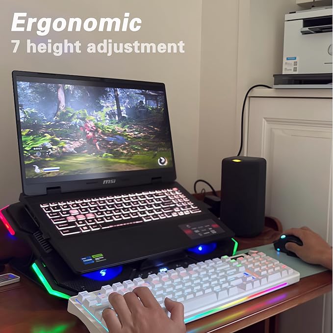 Gaming Laptop Cooling Pad with 10-Color RGB &amp 5-Speed Dual Cooling - Semiconductor &amp Fan Cooling System 7-Height Adjustable Stand for up to 21 Laptops