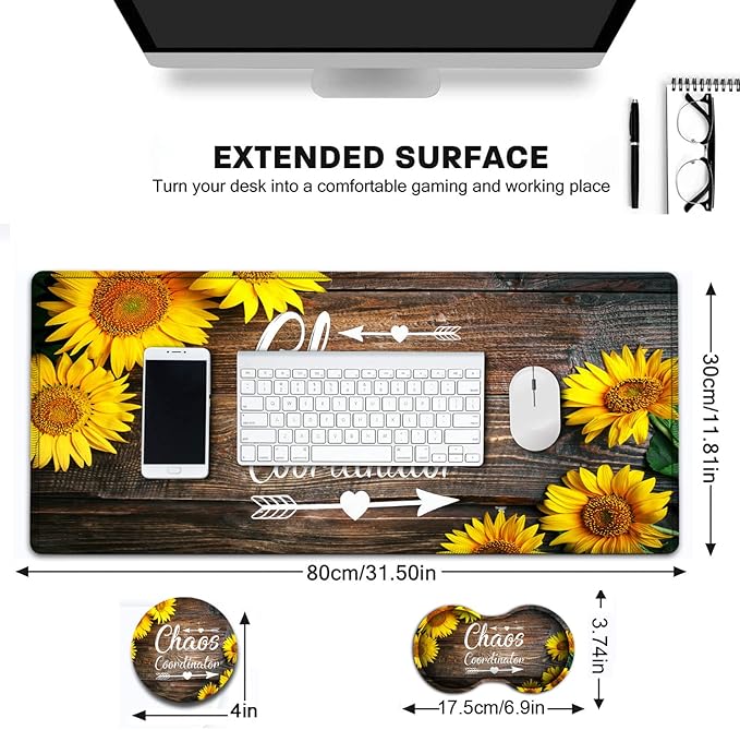 Large Gaming Mouse Pad 31.5x11.8 in Extended Computer Mouse Mat with Non-Slip PU Base Ergonomic Memory Foam Keyboard Wrist Rest for Work &amp Gaming Sunflower Chaos Coordinator Office Desk Pad