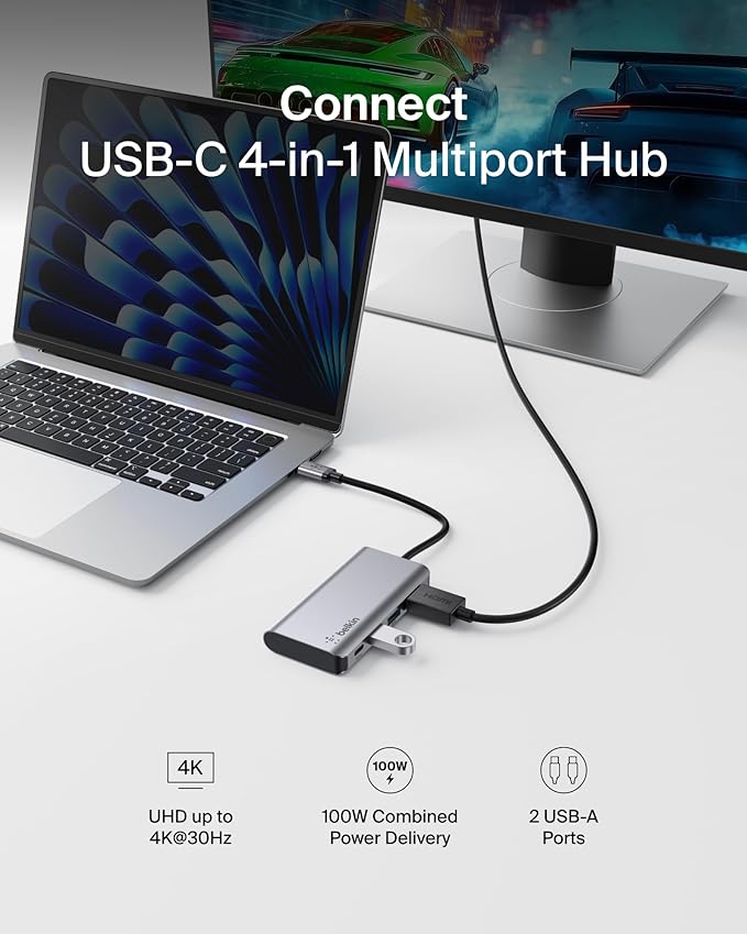 Belkin USB C Hub 4-in-1 Multi-Port Laptop Dock with 4K HDMI USB C Docking Station with 100 Watt Pass-Through Power Delivery 2 X USB A Ports For MacBook Pro Air iPad Pro Chromebook and More