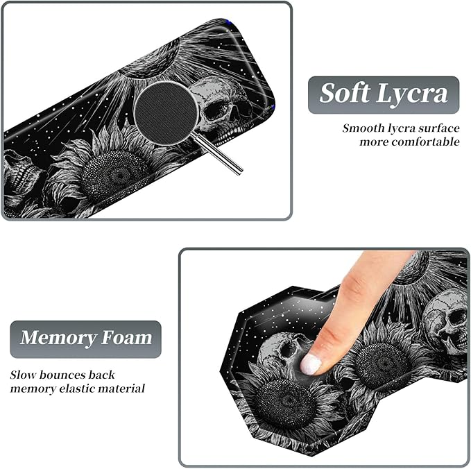 3Pcs Mouse Pad Set Gothic Skull Sunflowers Large Gaming Mouse Pad with Stitched Edge Ergonomic Memory Foam Keyboard Wrist Support and Mouse Wrist Rest Cushion Pain Relief Non-Slip Desk Pad Combo