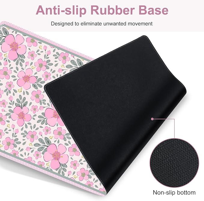Floral Desk Mat 4in1 Large Mouse Pad with Wrist Rest Cute Desk Matt for Desktop Deskpad Mat Anti-Slip XXL Computer Ergonomic Mousepad with Wrist Support for Keyboard and Mouse I Pink Flowers