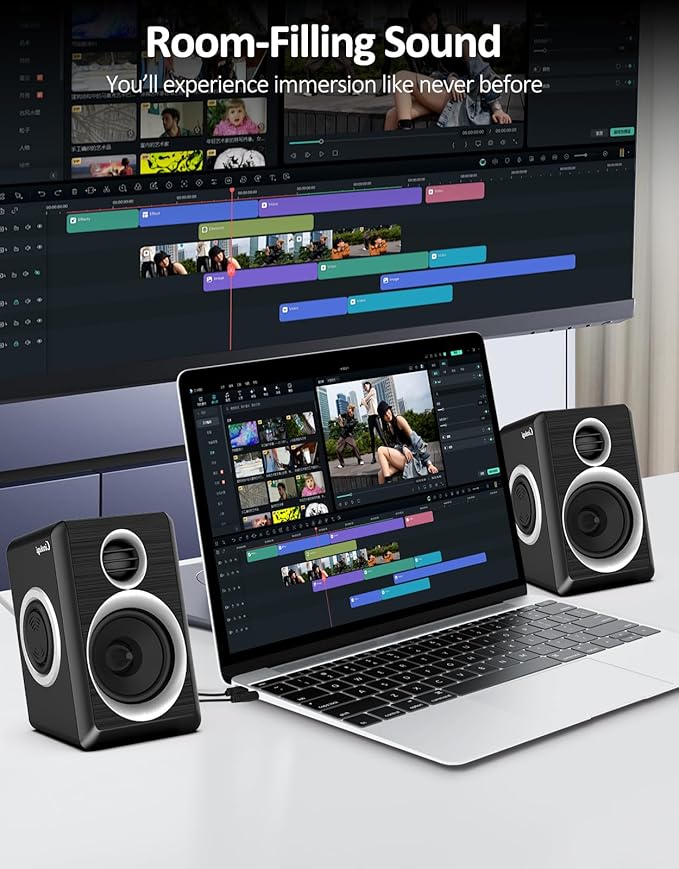 2.0 Computer Speakers PC Speakers 3.5mm Aux Input USB-Powered Small PC Speakers with Deep Bass Suitable for Desktop Computers/Laptops Built in 4 Speaker Diaphragms