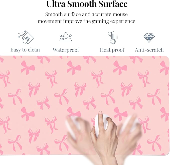 Idocolors Minimalist Pink Bow Desk Mat Pink Extended Gaming Keyboard Mouse Pad Large Cute Kawaii Women Office Desk Mat Protector 31.5x15.7