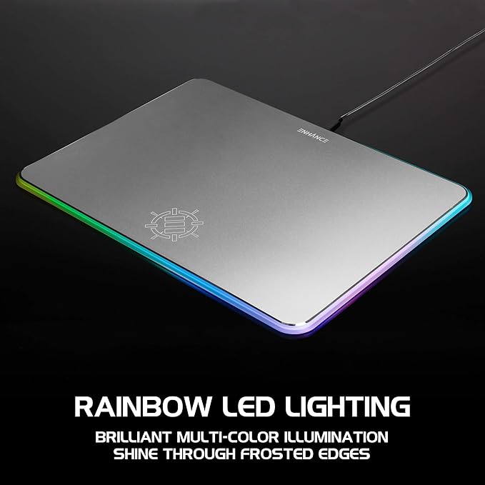 ENHANCE Metal LED Gaming Mouse Pad - Metal Mouse Pad with Large Aluminum Alloy Surface Multi-Color Transparent Edges Non-Slip Rubber Grip &amp Sleek Precision Tracking for Esports - Silver