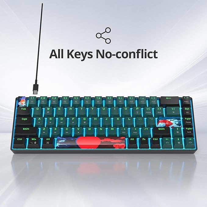 Protable 60% Percent Gaming Keyboard Mechanical Mini Compact Ice-Blue LED Backlit 68 Keys Wired Office Keyboard with Red Switch for Mac/Win/PS4/PS5(68Green/red Switch)