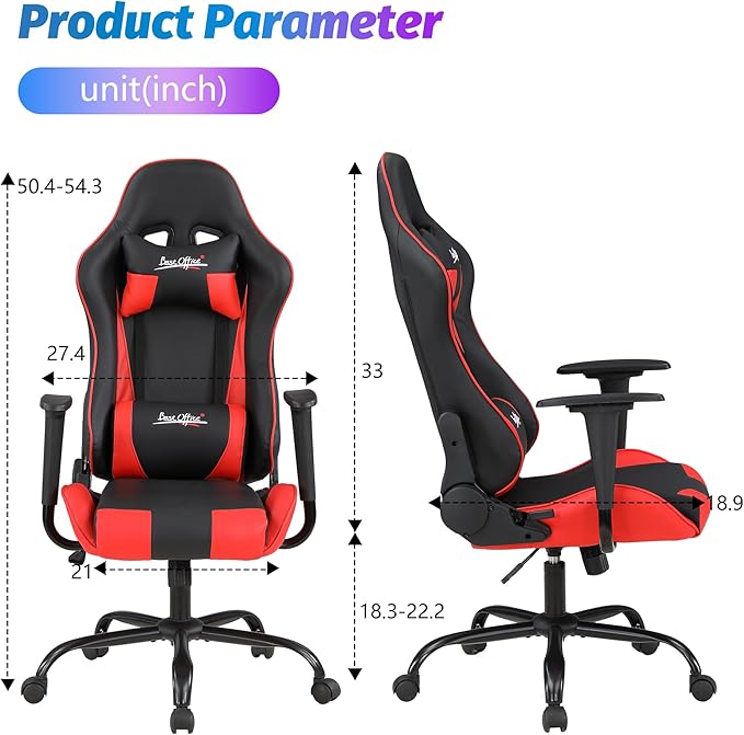 PayLessHere Gaming Chair Ergonomic Office Chair with Lumbar Support Headrest Armrests Rolling Swivel Functionality and Adjustable Features for PC Gamer (Red)