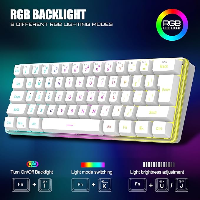RedThunder 60% Wireless Gaming Keyboard and Mouse Combo 2500mAh Rechargeable Battery Ultra-Compact Small RGB Mechanical Feel Keyboard Lightweight Honeycomb Optical Mouse for Gaming/Business White