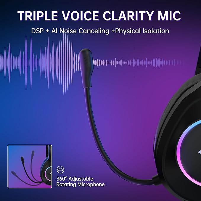 AOC Wireless Gaming Headset Compatible with PS5/4 Nintendo Switch PC Bluetooth 5.4 &amp 2.4GHz Gaming Headphones with Noise Canceling Mic RGB Type-C 20ms Latency 45H 7.1 Virtual Surround- Bla