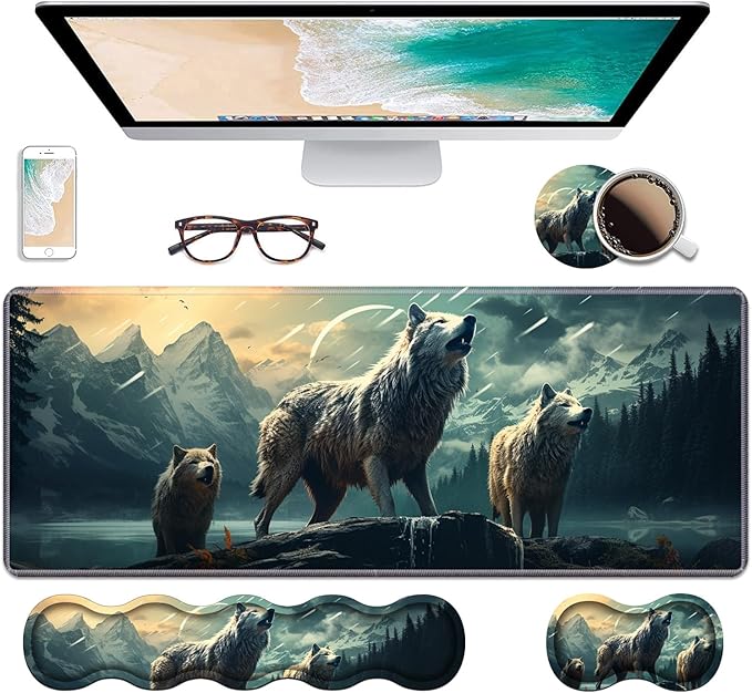 Ergonomic Keyboard Wrist Rest &amp Mouse Pad Wrist Rest Set Large XXL Gaming Desk Mat 31.5x 11.8 with Non-Slip Base Memory Foam Easy Typing Pain Relief for Home &amp Office White Wolf
