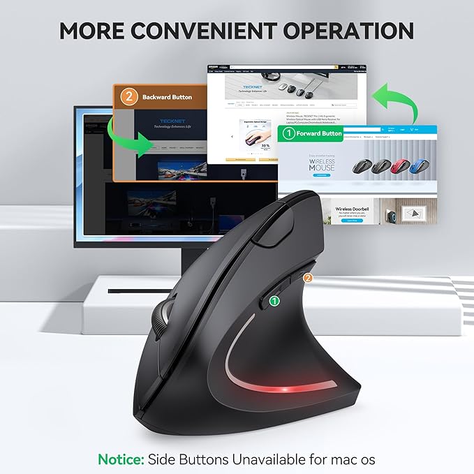 TECKNET Ergonomic Mouse Jiggler Bluetooth Wireless Vertical Mouse 4800 DPI Silent Mouse with 6 Adjustable DPI Levels 2.4GHz (USB A &amp C) Mouse 6 Buttons Computer Mice - Wide Compatibility