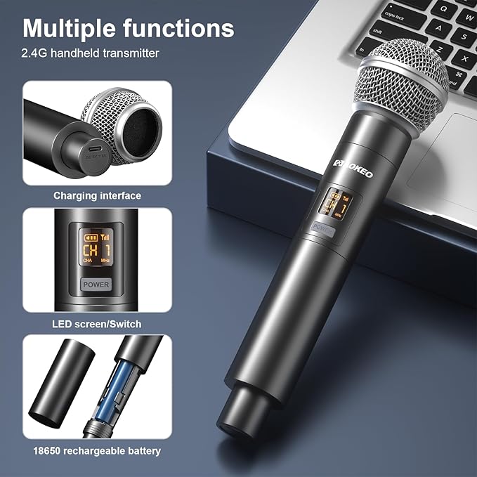 Aokeo Wireless Microphone Only for Mic Input UHF Metal Dynamic Handheld Multipurpose Mic with Rechargeable Receiver (Work 4hs) 160ft Range for Karaoke Machine Amplifier Speaker Mixer