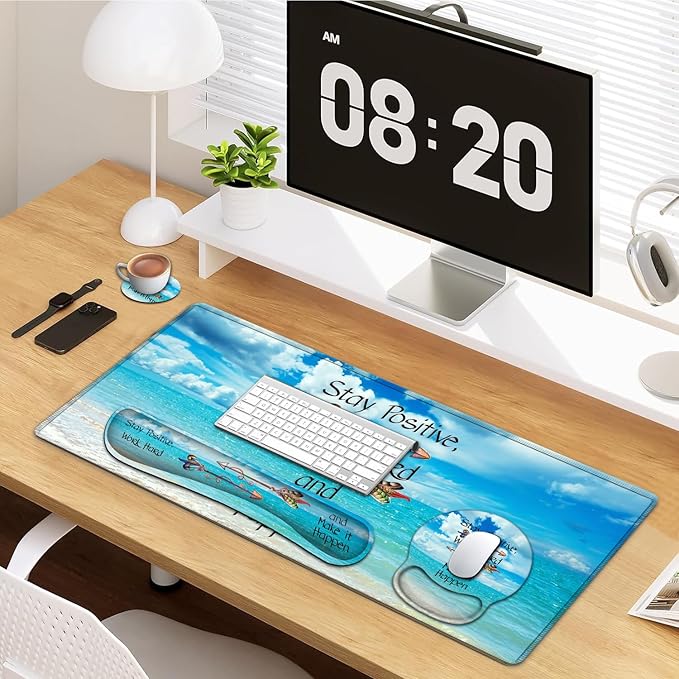 Large Mouse Pad Ergonomic Mouse Pad with Wrist Rest and Keyboard Wrist Rest 4 in 1 Set 31.5 x11.8 inch Extended Desk Pad for Home Office Stay Positive Work Hard and Blue Sky Ocean Gaming Mouse Mat
