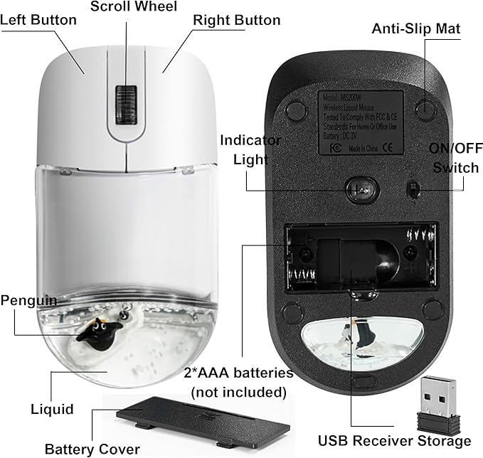 Wireless Mouse with Liquid Water Section &amp Floater Animal Portable Retro Silent Cute Aqua Mouse with USB Receiver Lightweight 1000DPI Optical Clear Water Mice for Laptop PC Computer (White Pengui