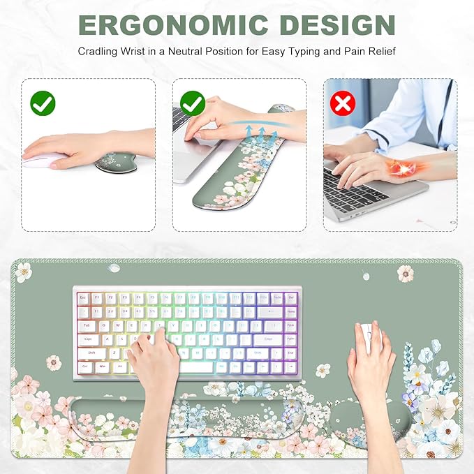 Green Desk Pad Mat Floral Ergonomic Mouse Pad+ Keyboard Wrist Pad+Mouse Wrist Rest Easy Typing Pain Relief 35.4×15.7in Big Keyboard Mat for Home Office