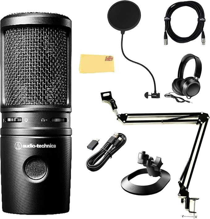 Audio-Technica AT2020USB-X Cardioid Condenser USB Microphone - Bundle with Pop Filter Headphone Boom Arm XLR Cable and Austin Bazaar Polishing Cloth