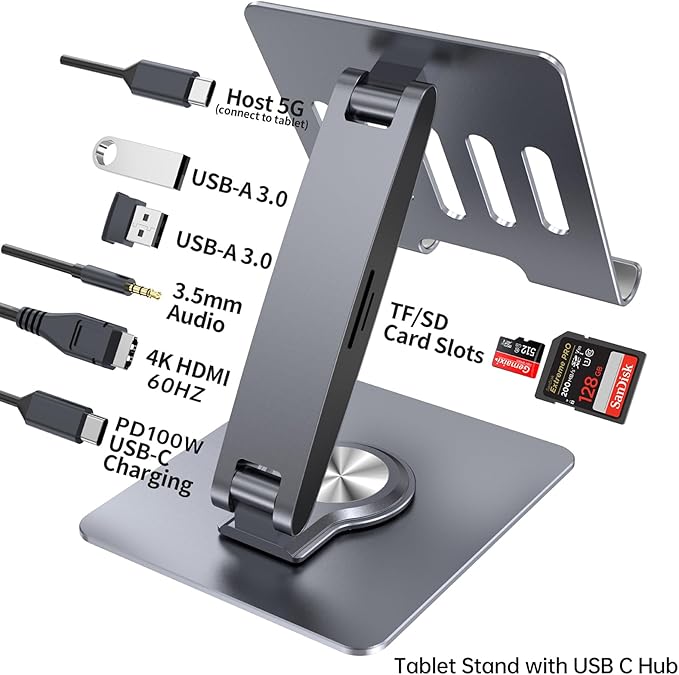 Adjustable Tablet Stand with USBC Hub 7-in-1 Aluminum Tablet Holder with Docking Station 360° Swivel Base 4K HDMI 100W PD Charging USB 3.0 SD/TF Reader 3.5mm Audio for iPad with USB-C Port
