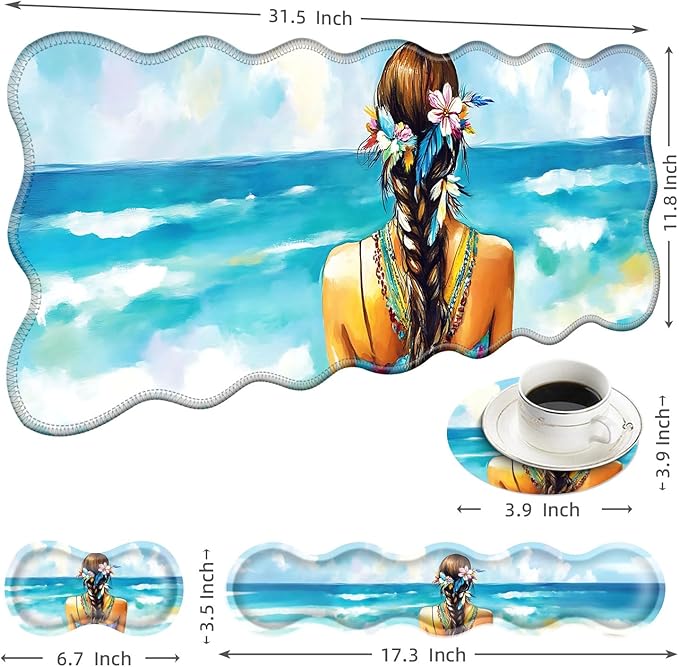 Large Mouse Pad and Keyboard Wrist Rest Desk Pad for Keyboard and Mouse 4-in-1 Large Gaming Mouse Pad with Wrist Support Desk Mat for Home Office Study Game-Girl with Floral and Feather