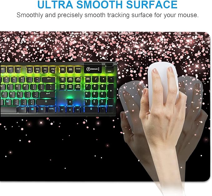 Large Gaming Mouse Pad Memory Foam Keyboard Wrist Rest Extended Office Desk Mat Office Desk Pad with Stitched Edges Laptop Desk Table Protector Rose Gold Glitter Black Writing Mat