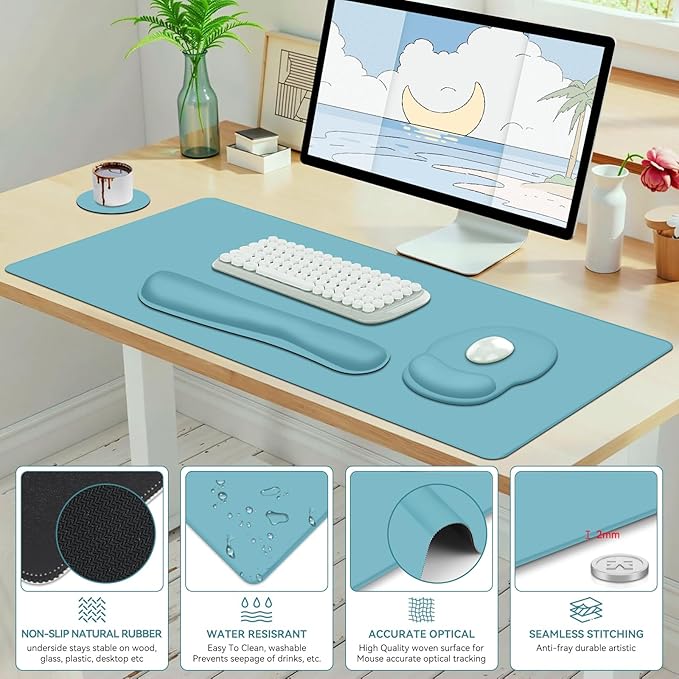 4 PCS Mouse Pad Desk Mat Protector Keyboard Wrist Rest + Comfortable Mouse Pad with Wrist Rest +Coaster Large Gaming Mousepad for Computer Laptop 35.4 X 15.7 XXL Deskpad for Office Home I Blue