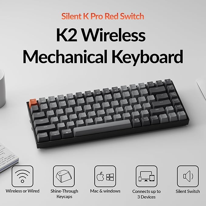 Keychron K2 75% Layout Bluetooth Wireless Mechanical Gaming Keyboard Silent K Pro Red Switch/White LED Backlit/USB C/Anti Ghosting/N-Key Rollover 84 Keys for Mac Windows