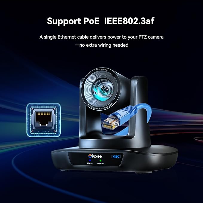 4K UHD PTZ Camera AI-Auto Tracking 20X Optical Zoom USB3.0/HDMI/LAN PoE IP Live Streaming PTZ Conference Room Camera for Church Services Education Conference Events Work with YouTube OBS
