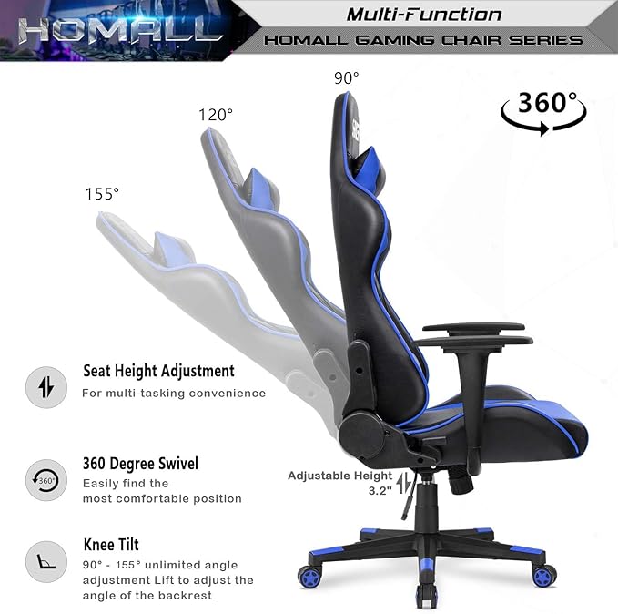 Homall Gaming Chair Office Chair High Back Computer Chair Leather Desk Chair Racing Executive Ergonomic Adjustable Swivel Task Chair with Headrest and Lumbar Support(Blue)
