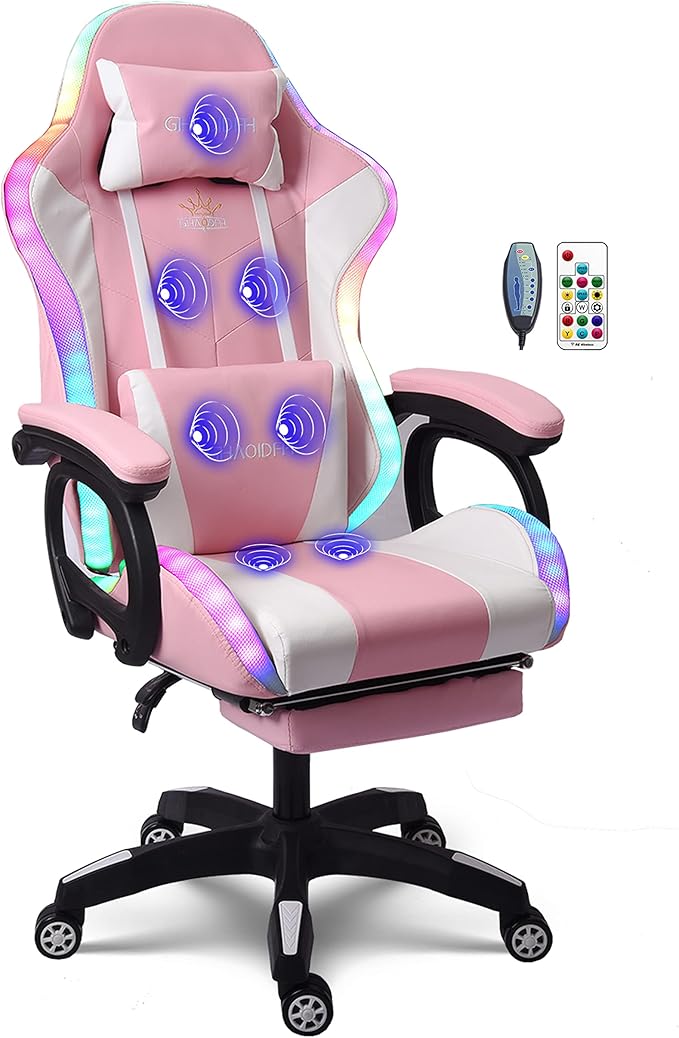TBQATNTS Ergonomic Gaming Chair with Massage and Speaker Gaming Chair with Footrest Headrest and Lumbar Support Racing Chair with RGB Lights Gaming Chair for KidsGaming Chair for Adults.Pink