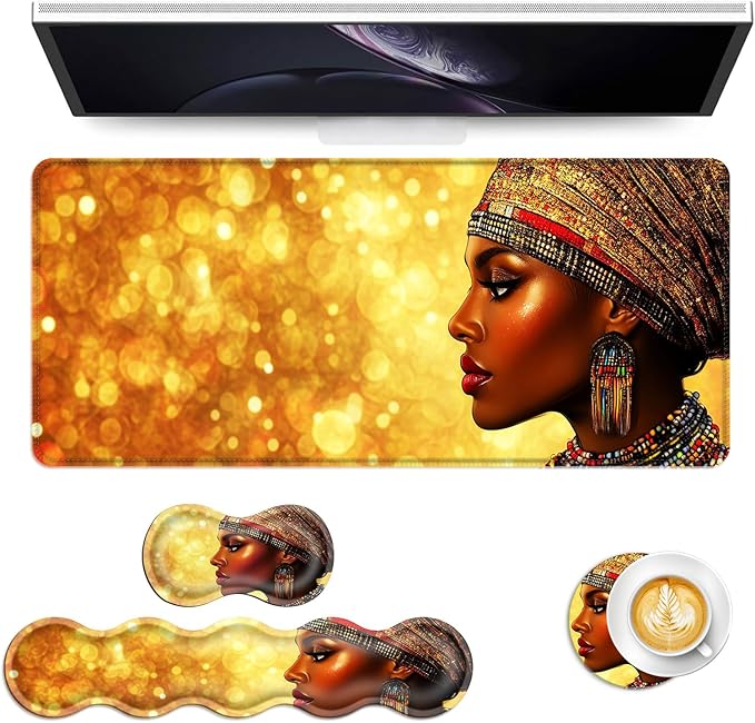 Keyboard Mouse Pad Set Extended Gaming Mouse Pad+Ergonomics Keyboard Wrist Rest Support Memory Foam Easy Typing Pain Relief 4Pcs XL Ultra Thick Desk MatAfrican Woman Gold Glitter