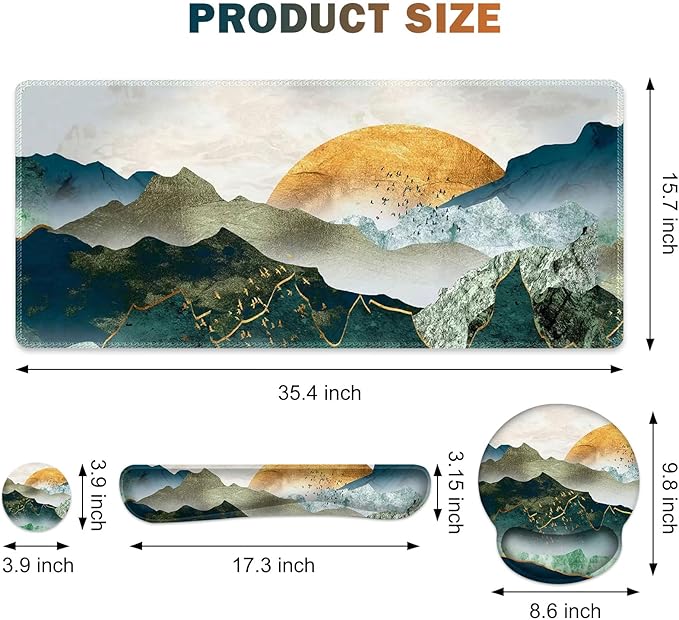 Gaming Mouse Pad Large Desk Mat Cute Desk Pad Protector 4in1 XXL Mousepad +Keyboard Wrist Rest+Mouse Wrist Rest+Coaster Set with Ergonomic Desk Pad for Home Office Table Computer Green Mountain