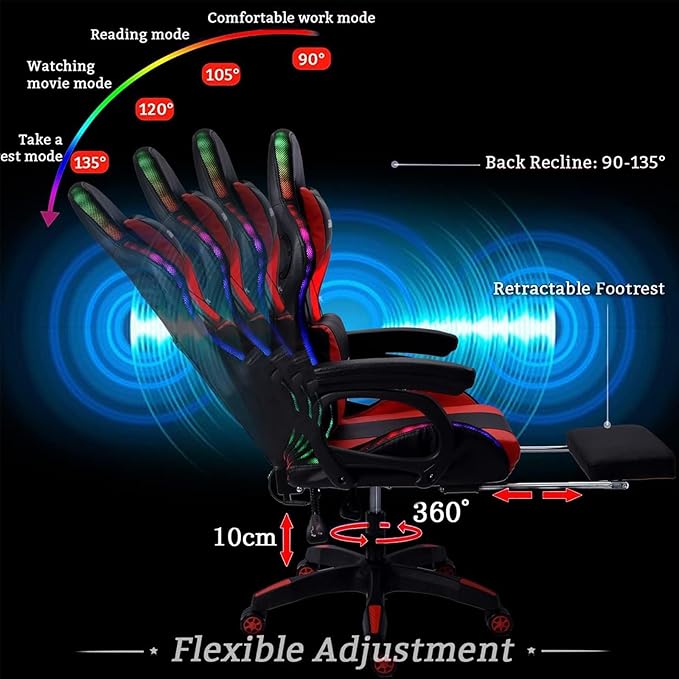 Video Gaming Chair with FootrestGame Chair with Bluetooth SpeakersComputer Chair with LED LightsErgonomic Massage Gaming Chair with Massage Function360°Swivel 90°-135° Adjustment Backrest (red)
