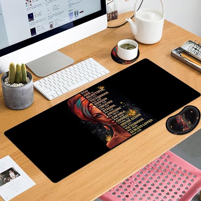 Large Mouse Pad with Mouse Wrist Rest 31.5x11.8 in Extended Mouse Mat with Ergonomic Memory Foam Wrist Rest for Work &amp Gaming Writing Pad African American Women Black Girl Office Desk Pad 2