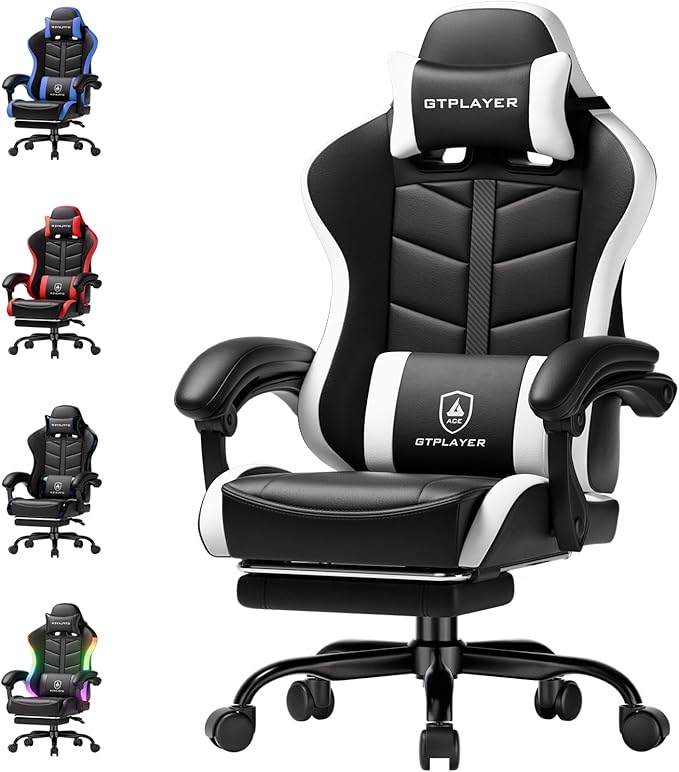 GTPLAYER Gaming Chair Ergonomic Computer Office Chairs for Adults with Footrest Height Adjustable Linkage Armrests 90-155° Recline &amp Headrest Lumbar Support Black &amp White