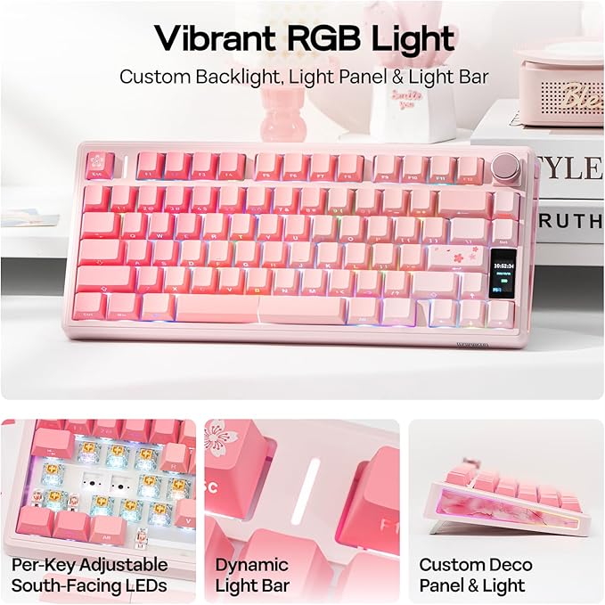 EPOMAKER TH80 V2 PRO Wireless Gaming Keyboard with Screen&ampKnob 10000mAh 2.4Ghz/BT/USB-C RGB Hot Swap Custom Driver NKRO PBT Keycap Mechanical Keyboard for PC/Mac (Pink Creamy Jade)