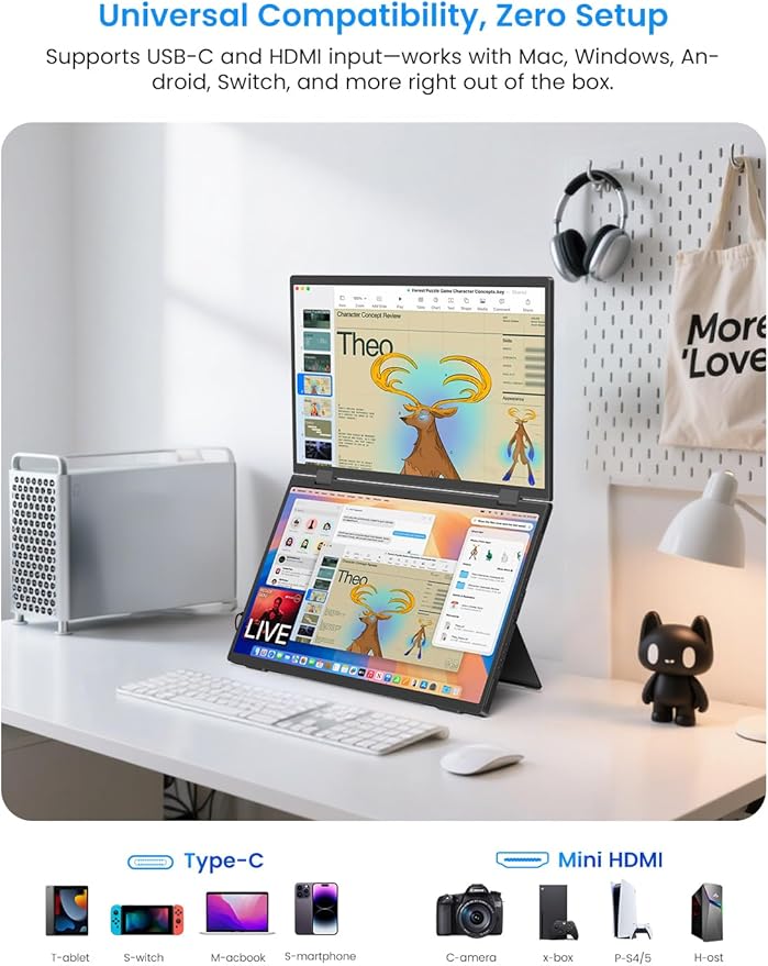 15.6 Dual-Screen Portable Monitor 350 Nits 1200:1 FHD IPS Seamless Extended Display Dual Device Connection Type-C/HDMI Anti-Glare Eye Care 105° Foldable Stand for Work &amp Travel