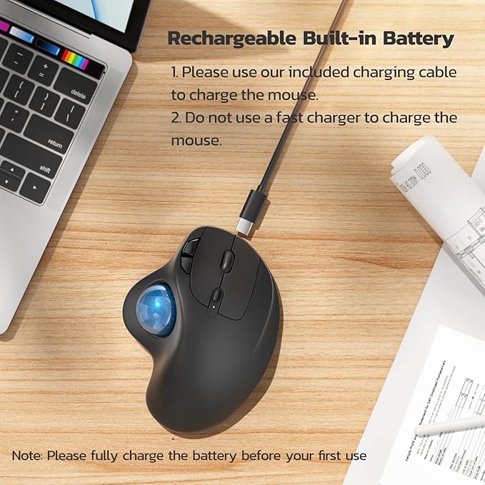 Nulea M501 Wireless Trackball Mouse Rechargeable Ergonomic Easy Thumb Control Precise &amp Smooth Tracking 3 Device Connection (Bluetooth or USB Receiver) Compatible for PC Laptop Mac Windows