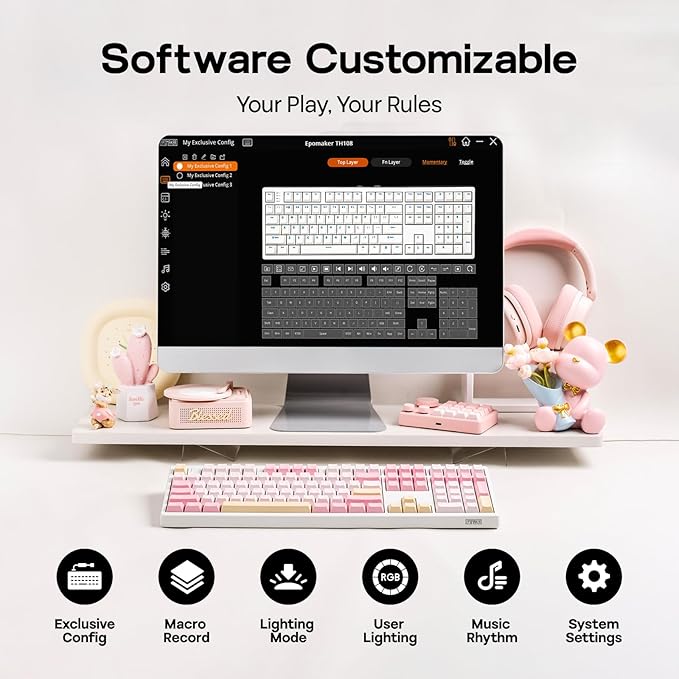 EPOMAKER TH108 Full Size Mechanical Keyboard Wireless Gaming Keyboard with 8000mAh Battery Creamy Gasket 108 Keys Hot Swap Custom Driver RGB Backlight (Pink Creamy Jade)