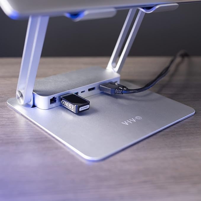 VIVO Universal 11 x 9 inch Height Adjustable Ergonomic Laptop Riser Docking Station with USB-C USB-A HDMI 4K60 DP 4K60 PD RJ45 Tabletop Desk Stand Power Hub Silver STAND-V000LD