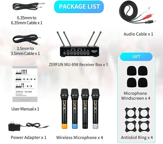 Pro Wireless Microphone System 4 Channel UHF Metal Cordless Handheld Mics with Echo Bluetooth for Church Karaoke Singing 4x50 Adjustable Frequency(MU-898 Battery 4 Handheld)