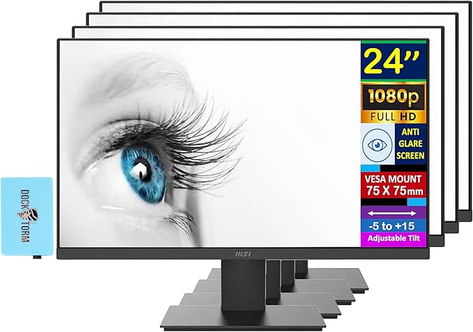 MSI 24'' FHD VA Monitor with 4ms Response Time Anti Glare Anti Flicker VESA Mount (75 x 75 mm) Low Blue Light VGA HDMI &amp Dockztorm USB Port Expander Black Color (PROMP241X) 4 Pack