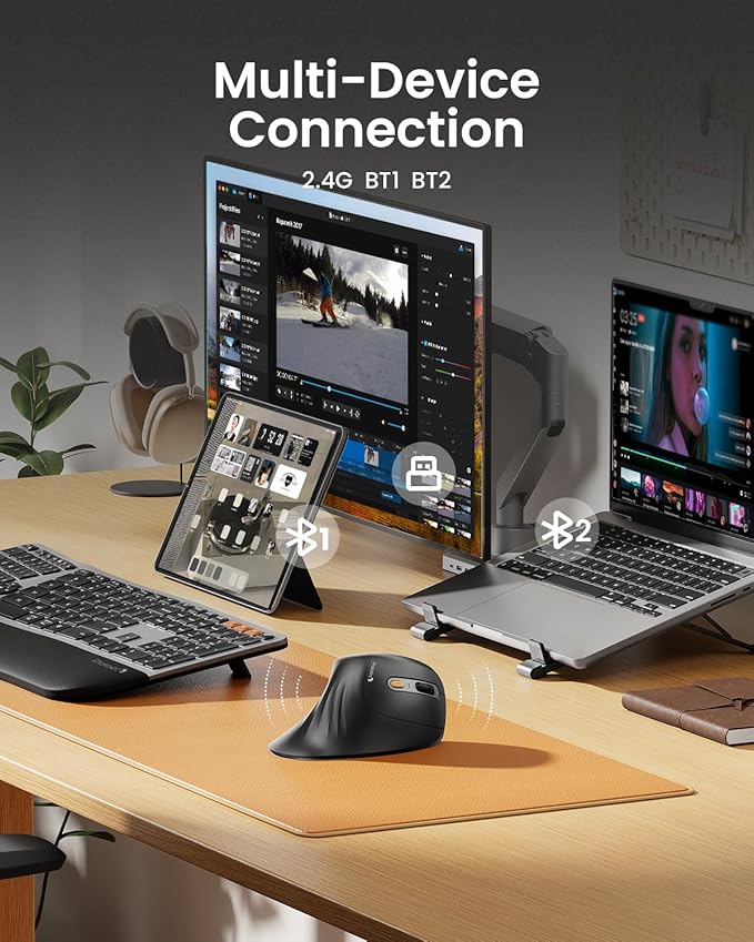 ProtoArc Ergonomic Mouse EM11 NL Bluetooth Rechargeable Wireless Vertical Mouse 3 Multi-Device Connectivity for Computer/PC/Laptop 2.4GHz USB-A Optical Mice for Windows Mac OS Gray