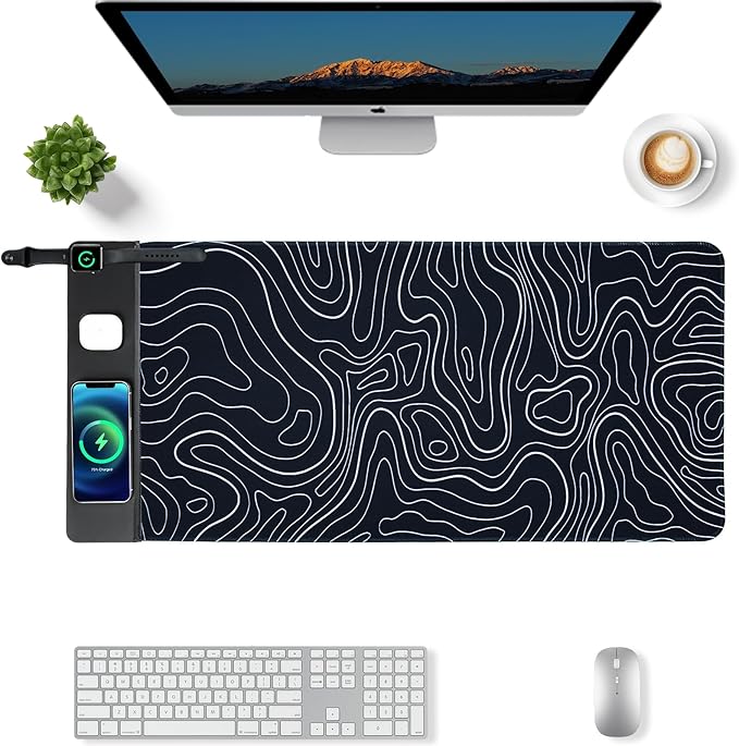 3 in 1 Wireless Charging Mouse Pad Gift for Dad/Office ManagerWireless Charger Compitable with iPhone/Watch/airpods. Wireless Charging Desk Mat 90 x 40cmBlack Topographic Computer Desk Pad